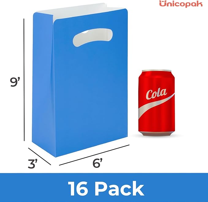 UnicoPak 16 Pack Blue Party Favor Bags - 6x3x9” Premium Matte Blue Gift Bags for Birthday, Baby Shower, Superhero Theme - Sturdy Goodie Bags, Customizable for Treats & Cookies