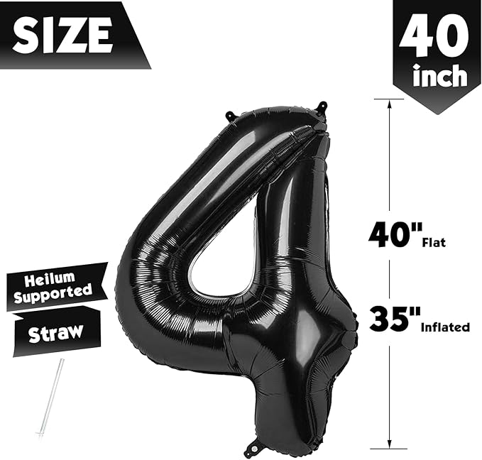 40 Inch Black Number 4 Balloon, Giant 4 Number Balloons for 4th Birthday Decorations, Party Supplies for Baby Boy Girl, Black Party Decor