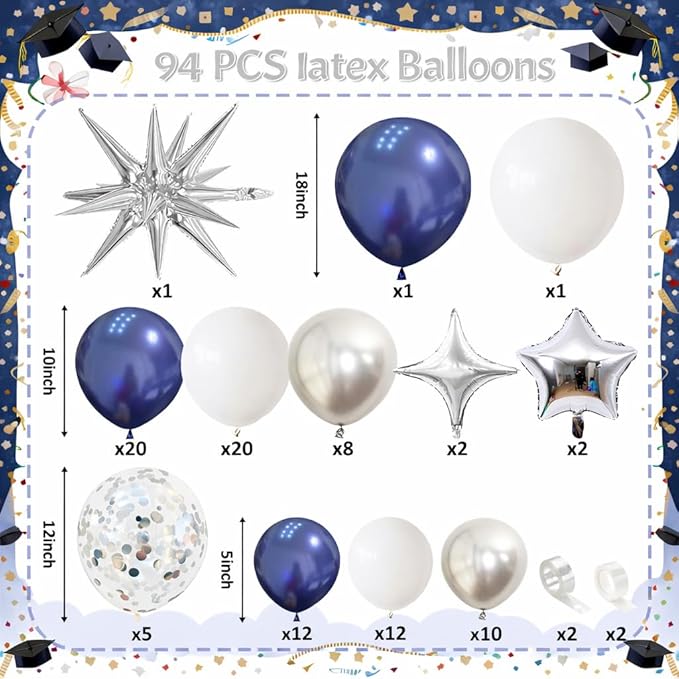 Blue Silver Balloon Garland Arch Kit, Navy Blue White Balloon Arch Kit, Metallic Silver Confetti Balloons Star Foil Balloons for Graduation Birthday Wedding Baby Shower Eid Ramadan Party Decorations