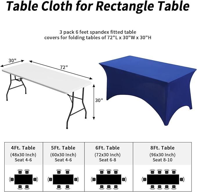 Fixwal 3 Pack Royal Blue Table Cloths Rectangle 6FT, Tablecloths Rectangular Stretch Spandex Fitted Table Covers 6 FT for Parties, Trade Shows, Weddings, Buffet, Graduation Decorations, Vendor Stand