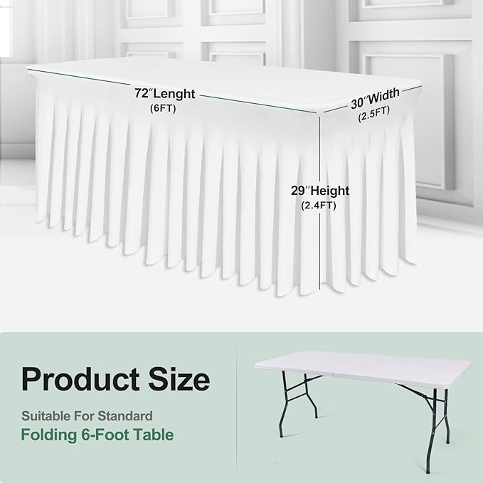 Table Skirts for Rectangle Tables 6ft - One-Piece White Tablecloths and Skirt, Wrinkle Resistant Ruffles Elastic Cover for Banquets, Weddings, Events, Parties