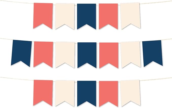 Andaz Press Hanging Pennant Banner with String, Coral, Navy, Ivory, 1-Set, 24 Pennants, Approx. 12-Feet Long