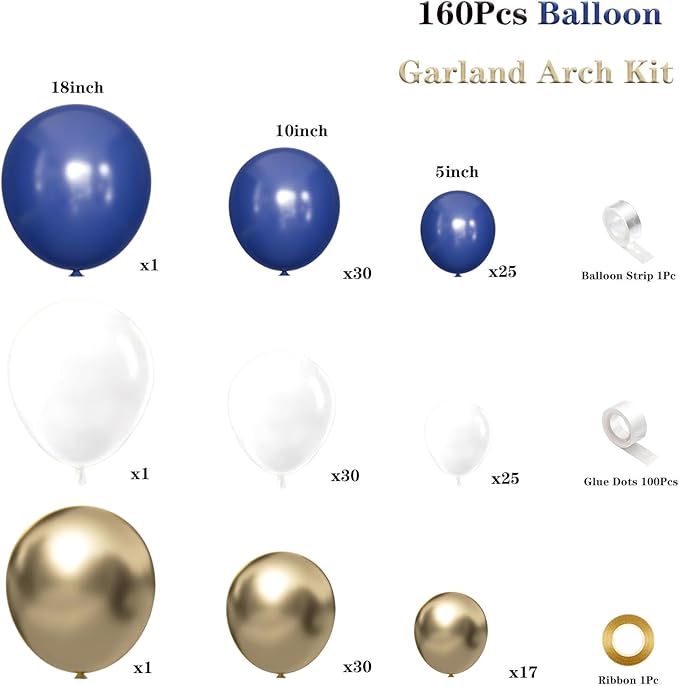 Royal Blue and Gold Balloon Garland Arch Kit, 160Pcs Navy Blue White Chrome Gold Latex Balloons for New Year Wedding Birthday Party Decorations
