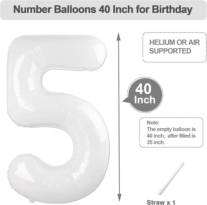 Balloons Number 5 40 Inch, 5 Birthday Balloon for Boys And Girls, White Numbers Balloon for 5, 15, 25, 50 Birthday Party Decoration, Anniversary, Wedding, Single Supplies