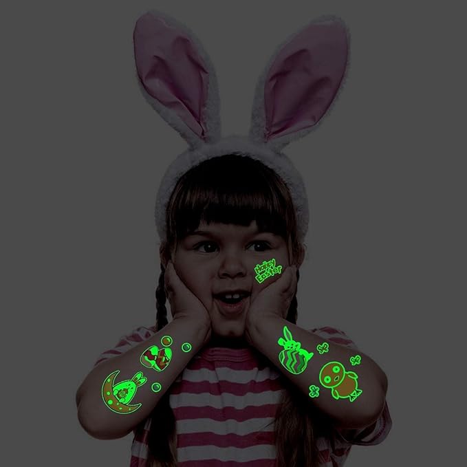 Partywind 132 PCS (12 Sheets) Luminous Easter Temporary Tattoos for Kids Basket Stuffers, Glow Easter Decorations Party Favors Supplies Essentials, Easter Games for Toddlers Boys Girls