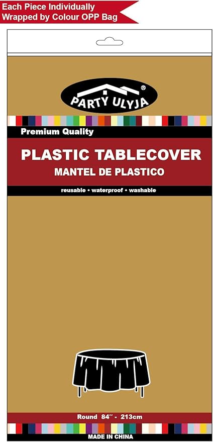Gold Plastic Tablecloths 2 Pack Disposable Table Covers 84 Inch Circle Bridal Shower Party Tablecovers PEVA Vinyl Table Cloths for BBQ Picnic Birthday Wedding Banquet Parties 6 ft Round Table Use