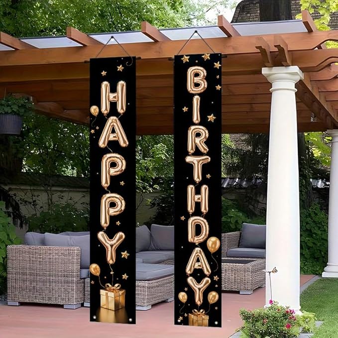 Birthday Decor Banner 12x71 Inches, Happy Birthday Door Hanging Sign, Black and Gold Party Decorations for Indoor Outdoor Celebration