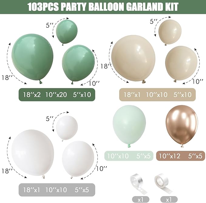 Sage Green Balloon Garland Kit, Green and White Balloon Arch Kit Olive Green White Gold Champagne Party Balloons Lime Green Beige Latex Balloons for Baby Shower Birthday Jungle Safari Party Decoration