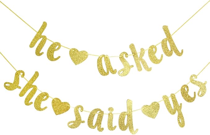 He Asked She Said Yes Gold Glitter Banner - Wedding, Engagement, Bridal Shower Party Decorations