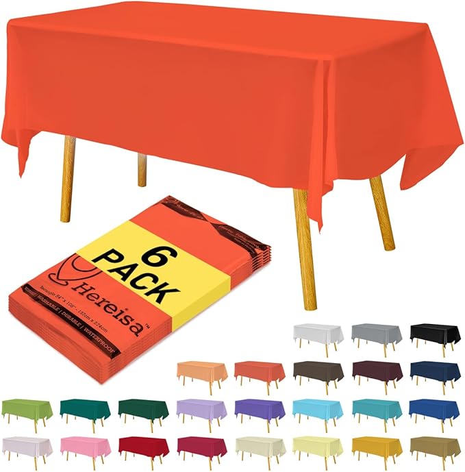 Orange Plastic Table Cloths - 6 Pack, 54" x 108", Disposable Rectangle Table Cover for Parties