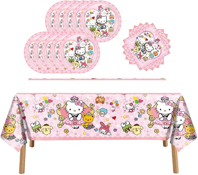 41 pcs Pink Cat Party Decoration Hello Cat Pink Kite Including 1pc Tablecover 20 pcs 7 inches Plates and 20 pcs 6.5 inches Napkins Cat Theme Birthday Party Decoration Favor Sets (41pcs light pink)