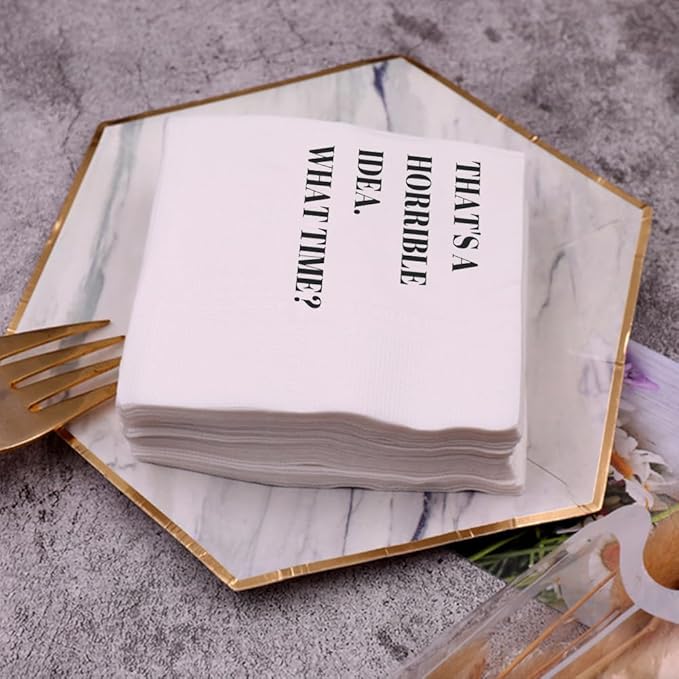 Funny Cocktail Napkins 100Pcs Funny Quotes Saying Disposable Paper Party Napkins 4.5 x 4.5 Two-ply (That's A Horrible Idea What Time Napkins)