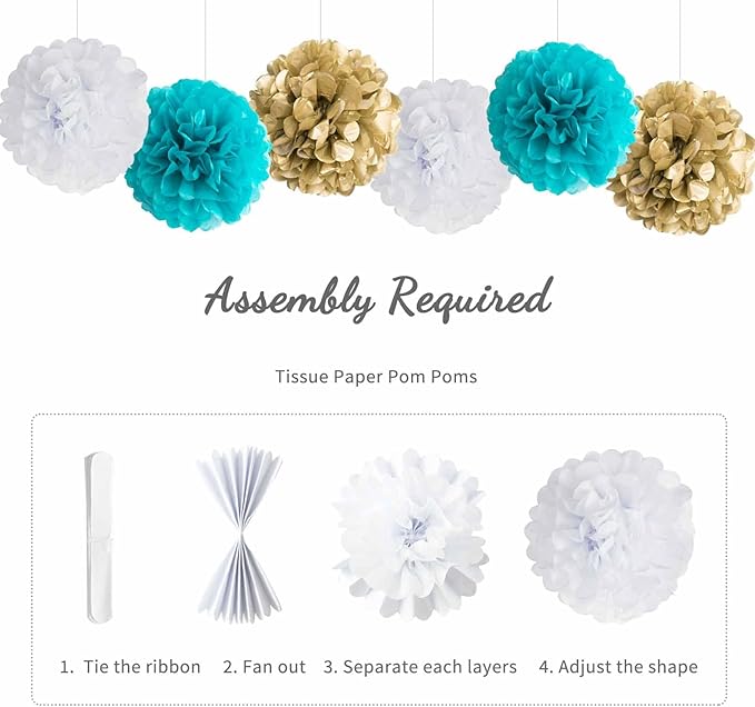 ANSOMO Teal Blue and Gold Happy Birthday Party Decorations Banner Turquoise Aqua Foil Fringe Curtain Tissue Pom Poms Balloons