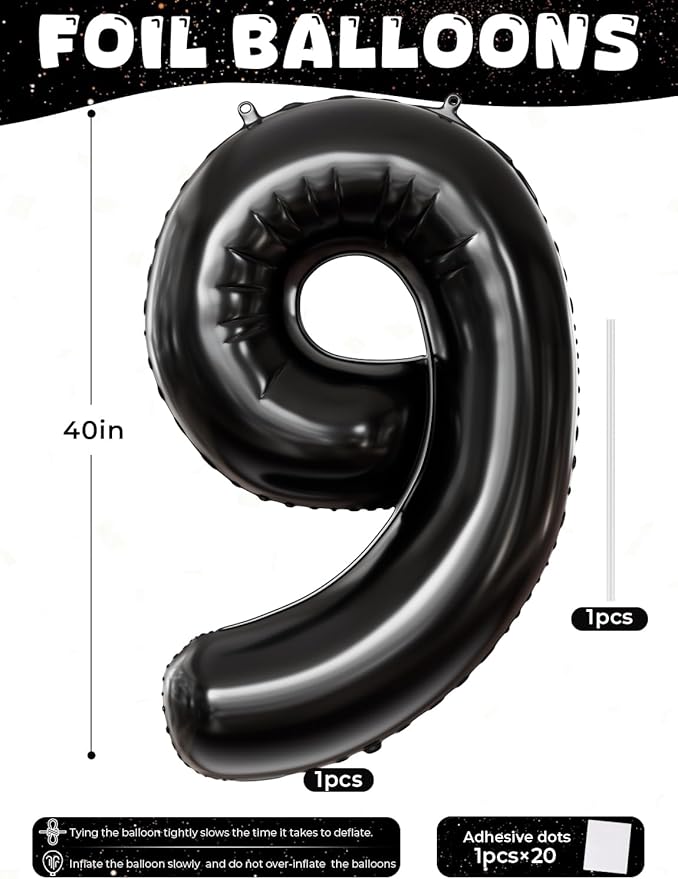Number 9 Balloons - 40 Inch Black Number Balloons Giant Black balloon Big Foil balloon for Men Women Boys Girls Birthday Graduation Anniversary Party Decorations