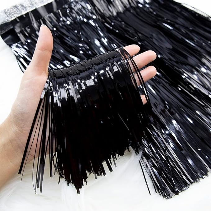 Premium Black Fringe Tinsel Garland for Party Decorations -4 Layers Thick, 2 Pack | LILF Foil Metallic Banner Party Streamers for Wedding Birthday Christmas Decoration Home Hanging