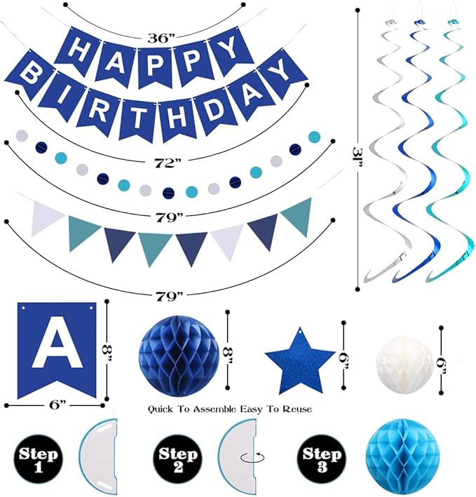 Blue Birthday Decorations, Happy Birthday Banner with Honeycomb Balls, Stars Hanging Swirl Streamers, Buntings Circle Dots Garland, Party Decorations for Women Men Boys Girls (Blue)