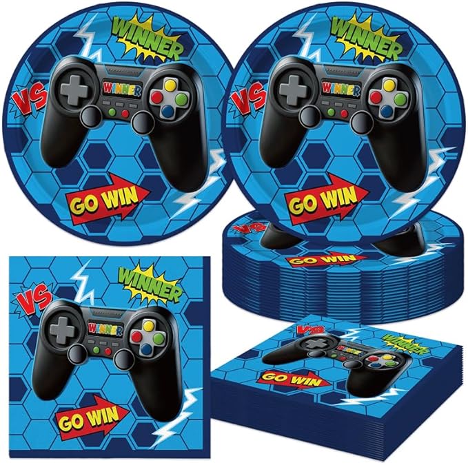 40Pcs Blue Video Game Birthday Party Plates and Napkins for 20 Guests Tableware Video Game Supplies for Kids Boys Baby Shower Birthday Party Decorations