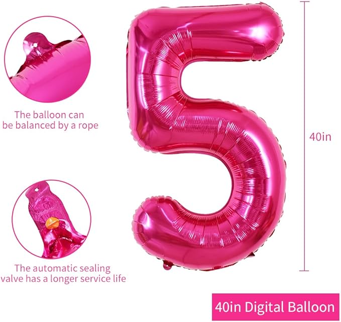TONIFUL 40 Inch Hot Pink Large Numbers Balloon 0-9 Birthday Party Decorations,Foil Mylar Big Number 5 Balloon Digital 5 for Birthday Party,Wedding, Bridal Shower,Engagement,Graduations,Anniversary