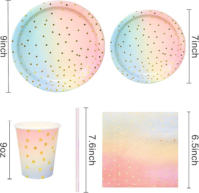 200 Pcs Pastel Party Decorations,Golden Dot Disposable Paper Plates Set,Pastel Plates and Napkins Party Supplies for Birthday Baby Shower Wedding Rainbow Party