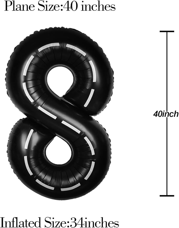 Race Car 40Inch Black 8 Balloon Number Large Helium Race Track 0-9 Giant Digital 8th Foil Mylar Big Party Number Balloons for Boy Birthday Car Theme Party Anniversary Graduation Decorations