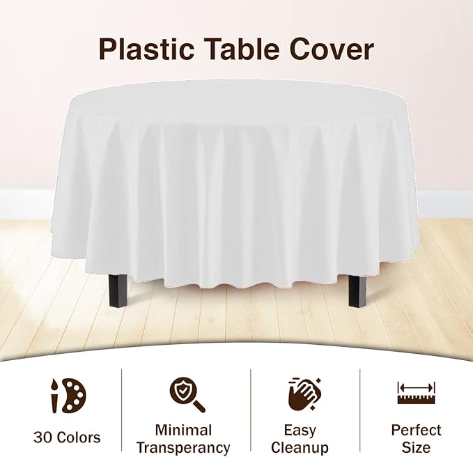 Exquisite Party Solids 6-Pack Premium Plastic Tablecloth 84in. Round Plastic Table Cover - White