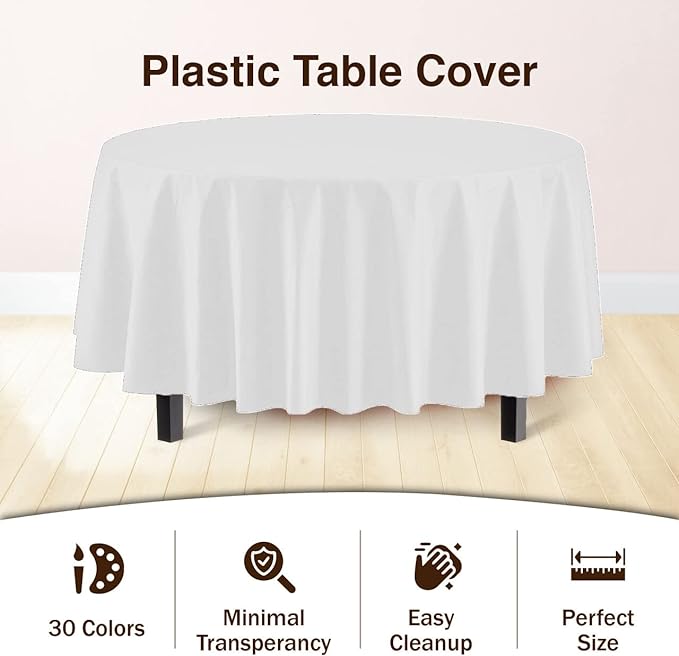 12-Pack Premium Plastic Tablecloth 84in. Round Table Cover - White