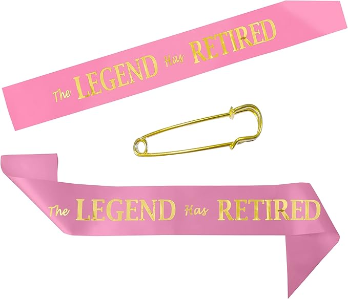 The Legend Has Retired Sash – Elegant Pink and Gold Foil Legendary Sash for Both Women and Men & a Large Gold Safety Pin. Perfect for Retirement Parties by JPACO