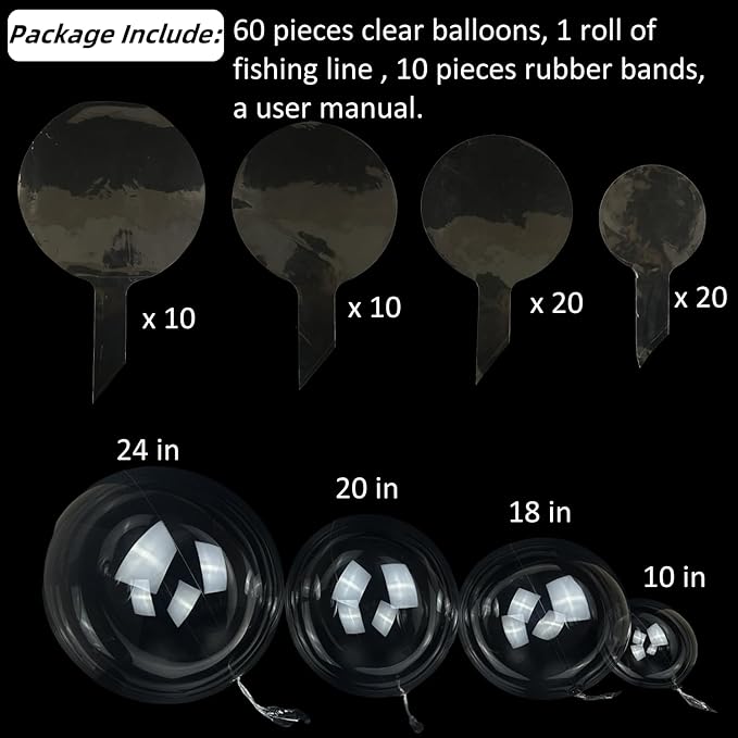 Clear Balloons Bubble, 60 Packs 4 Different Sizes Bobo Balloons Plastic Garland Arch Kits with Fishing Line/Transparent Rubbers for Party Decorations