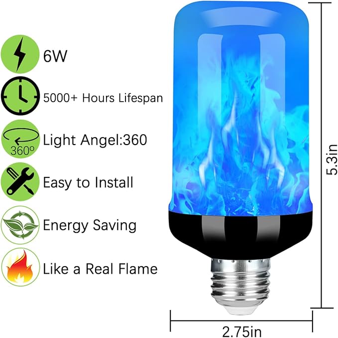 Y- STOP LED Flame Light Bulb, Upgraded 4 Modes Fire Light Bulbs with Upside Down Effect, E26 Base Flickering Light Bulbs for Halloween Decorations, Christmas, Outdoor, Indoor, Home Decor (Blue-4 Pack)