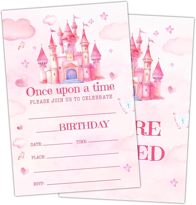 Princess Birthday Party Invitation Cards for Kids Girls, Pink Castle Birthday Celebration Party Invite Cards Supplies, 20 Double-Sided Fill In Invites With Envelopes -06