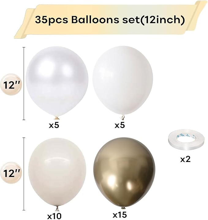 Togvu White and Gold Balloons, 12 Inch White Sand Gold Metallic Latex Balloons, Beige Gold Party Balloons for Boho Birthday Baby Shower Engagement Wedding Anniversary Party Decorations