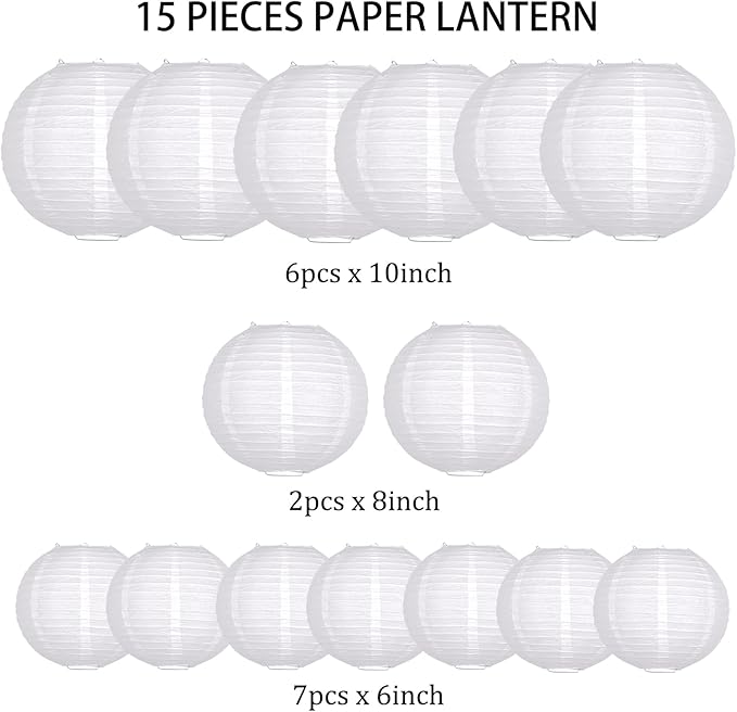 Paper Lanterns Decorative, White Round Hanging Paper Lantern Decorations for Wedding Engagement Bridal Baby Shower Birthday Party Supplies, 15Pcs