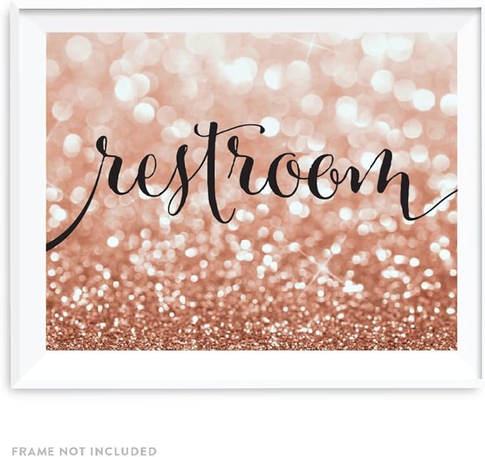Andaz Press Wedding Party Signs, Glitzy Rose Gold Glitter, 8.5x11-inch, Restroom, 1-Pack, Bokeh Colored Party Supplies