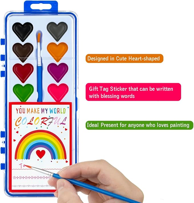 Valentines Day Gifts for Kids, 24 Pack Watercolor Paint Set with Paintbrush for Kids, Prizes Exchange Gifts Valentines Party Favors for Preschool Classroom School