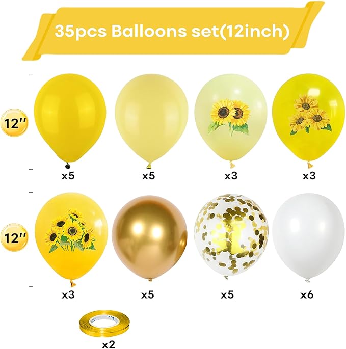 Sunflower Yellow Gold Balloons - 12 Inch Sunflower Bee Theme with Metallic Gold Confetti Balloon for Kids Birthday Baby Shower Party Decorations