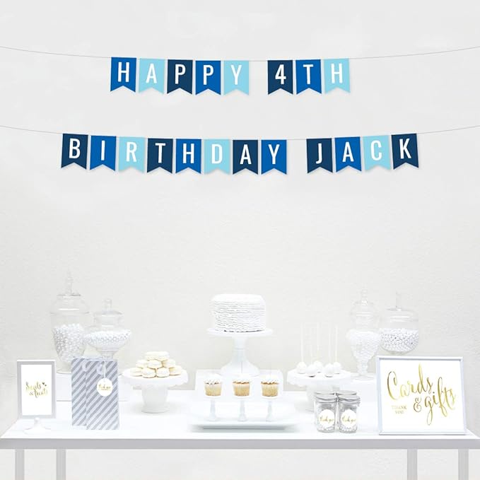 Andaz Press Personalized Hanging Pennant Banner Party Decorations, Royal Blue, Baby Blue, Navy Blue, Happy 4th Birthday Jack, 1-Pack, Approx. 5-Feet, Custom Name and Number