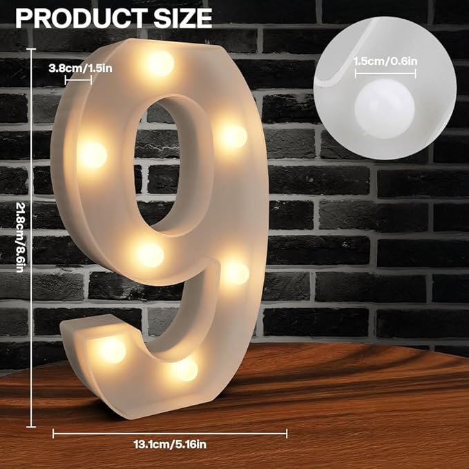 Marquee Numbers Light up Numbers, 0-9 Number Battery Powered LED Light, White Plastic Numbers Sign, Night Light Number Decor for Graduation Engagement Wedding Baby Shower Birthday (Number 9)