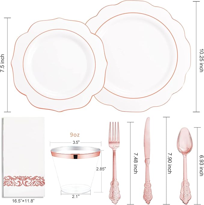NOCCUR 175PCS Rose Gold Plastic Plates with Disposable Silverware - Include 25Dinner Plates, 25Dessert Plates, 25Forks, 25Knives, 25Spoons, 25Cups, 25Napkins for Party/Easter Day