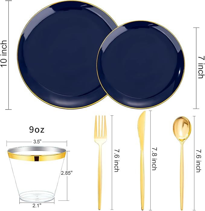 bUCLA 150PCS Blue and Gold Plastic Plates - 25 Guests Navy Blue Plastic Dinnerware Disposable for Party and Passover - Include 25 Dinner/Dessert Plates, 25 Knives, 25 Forks, 25 Spoons, 25 Cups