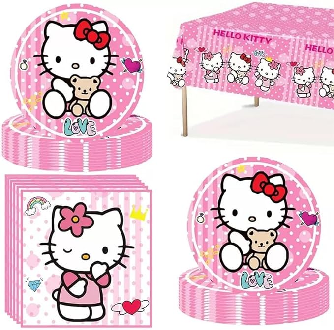 41 pcs Pink Cat Party Decoration Hello Cat Pink Kite Including 1pc Tablecover 20 pcs 7 inches Plates and 20 pcs 6.5 inches Napkins Cat Theme Birthday Party Decoration Favor Sets (41pcs hot pink)