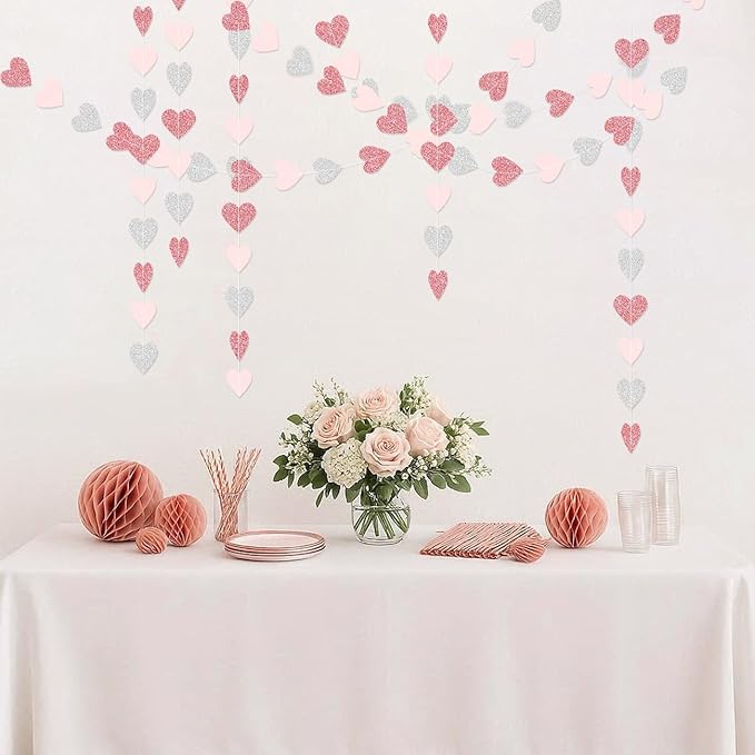 Rose-Gold Pink Silver Party Decorations - 52Ft Paper Heart Garland Streamer Women Girls Birthday Banner Baby Bridal Shower Bachelorette Engagement Banner Mothers Day Hanging Decor HongTongTong
