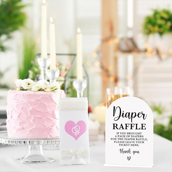 Baby in Bloom Shower Decorations, Baby Shower Sign, Newborn Gifts, Diaper Raffle Game Signs, Modern Calligraphy Arched Acrylic Table Top Signs With Stand for Birthday Party Decorations (White)