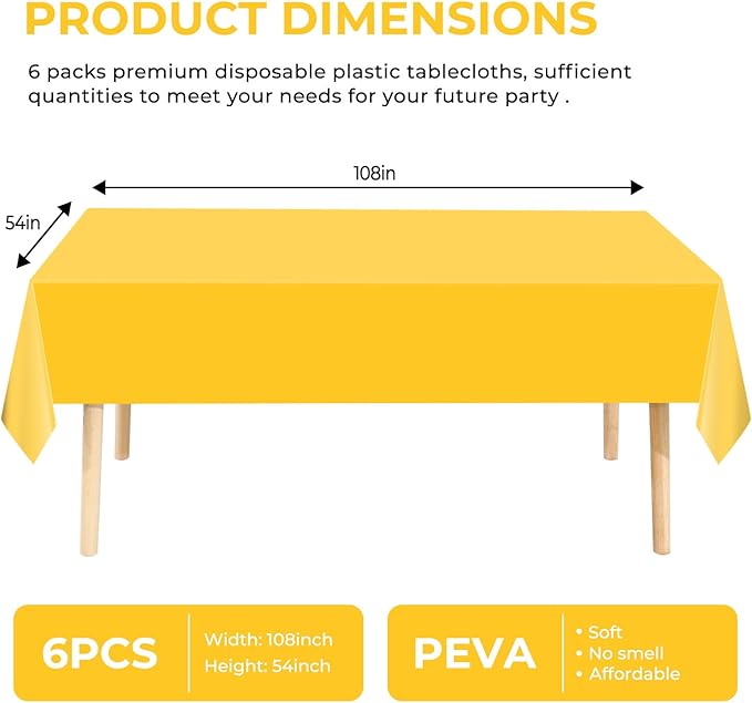 6 Pack Premium Disposable Plastic Tablecloth 54" x 108" Party Table Cloths Disposable for 6 to 8 Foot Tables Indoor or Outdoor Parties Birthdays Weddings Christmas Anniversary Buffet Table (Yellow)