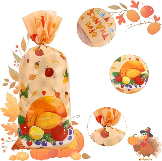 100 PCS Fall Treat Bags(5x11 Inch) with Ties Thankgiving Turkey Goodie Candy Gifts Bags Bulk Autumn Pouches for Thanksgiving Home Party Favors Supplies Decorations Friendsgiving Cellophane Bag