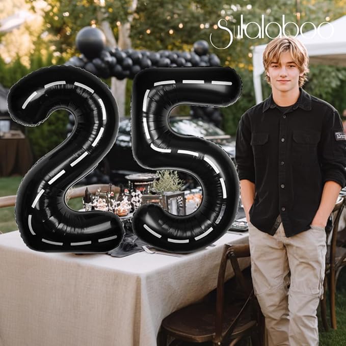 Race Car 40Inch Black 25 Balloon Number Large Helium Race Track 0-9 Giant Digital 25th Foil Mylar Big Party Number Balloons for Boy Birthday Car Theme Party Anniversary Graduation Decorations