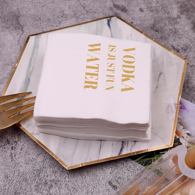 Funny Cocktail Napkins 100Pcs Funny Quotes Saying Disposable Paper Party Napkins 4.5 x 4.5 Two-ply (Vodka Is Just Fun Water Napkins)