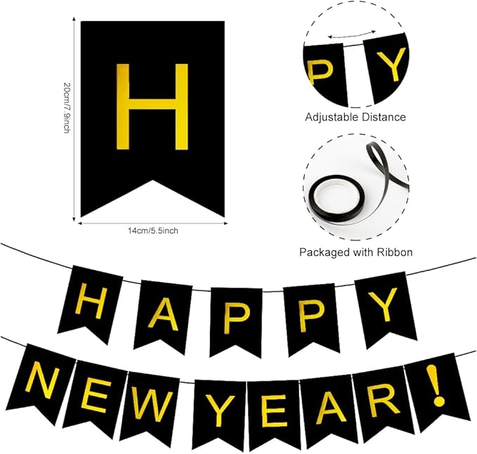 Happy New Year 2026 Banner - Black & Gold Sign For New Year's Eve Decorations, Nye Eve Party Supplies Decorations, 2026 Nye Decorations, 2026 Nye Sign
