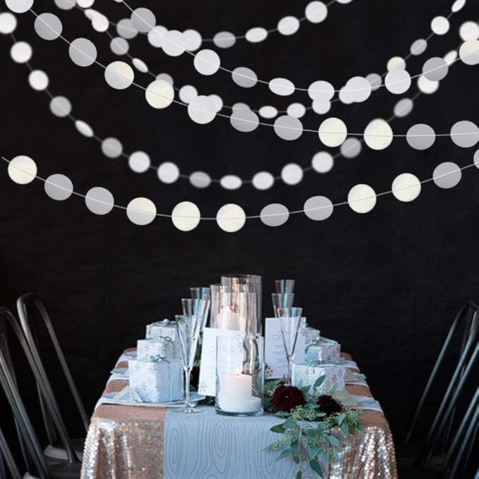 Shining White Circle Dots Hanging Garland Sparkling White Circle Dots Hanging Streamer Glitter Bunting Banner Backdrop for Wedding Baby Shower Birthday Xmas Decor 40 Feet