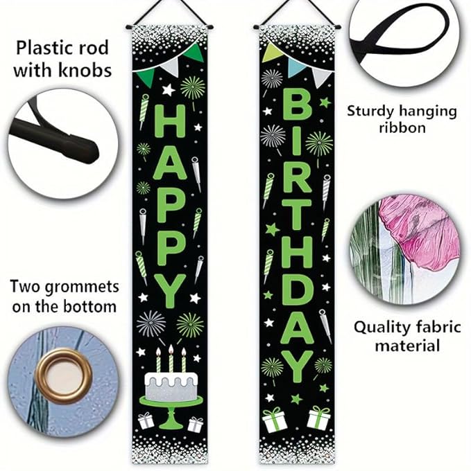 12x71 inch birthday porch banner suitable for indoor outdoor birthday party decoration, featuring green and black design, fireworks candle gifts, durable fabric, suitable for terraces