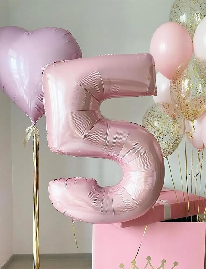 Pink Number 5 Balloons – 40 Inch Giant Foil Number Balloon, Light Pink Number Balloon for Girls Birthday, Baby Shower & Princess Theme Party Decorations